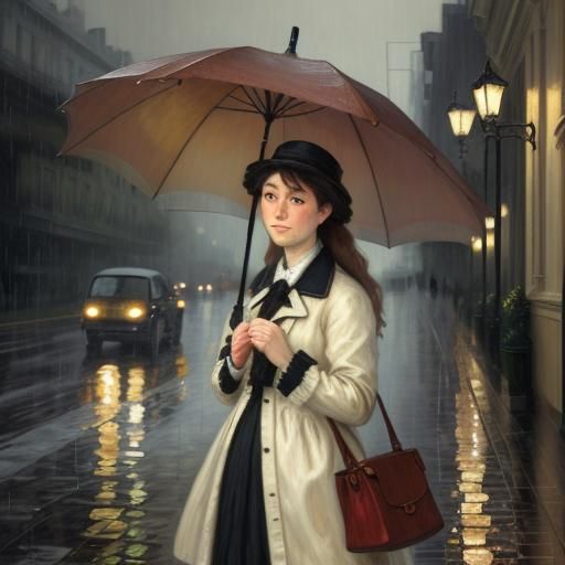 Rainy Day Impressionist Painting of Woman with Umbrella