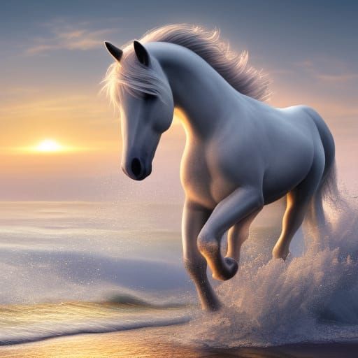 White Horse Galloping on Beach: Fantasy Concept Art