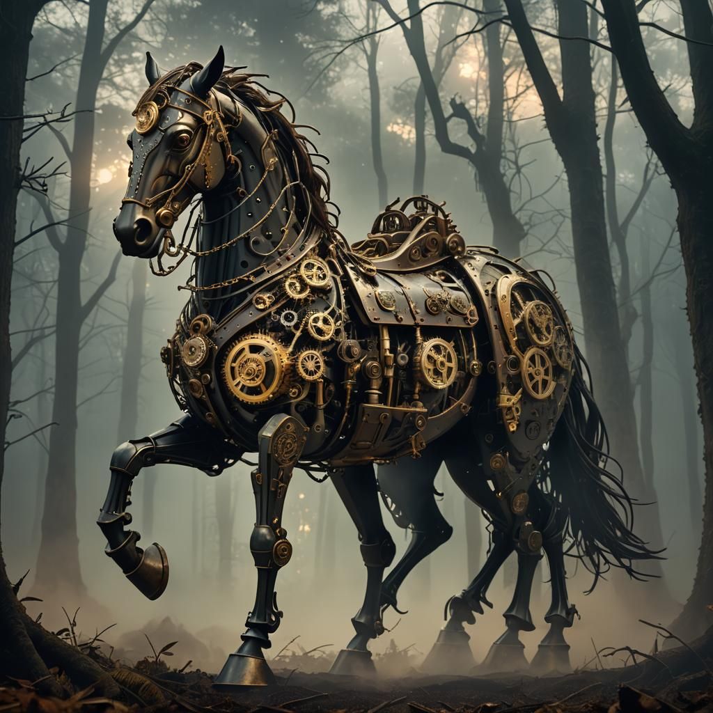 Steampunk Mechanical Horse in Mystical Forest