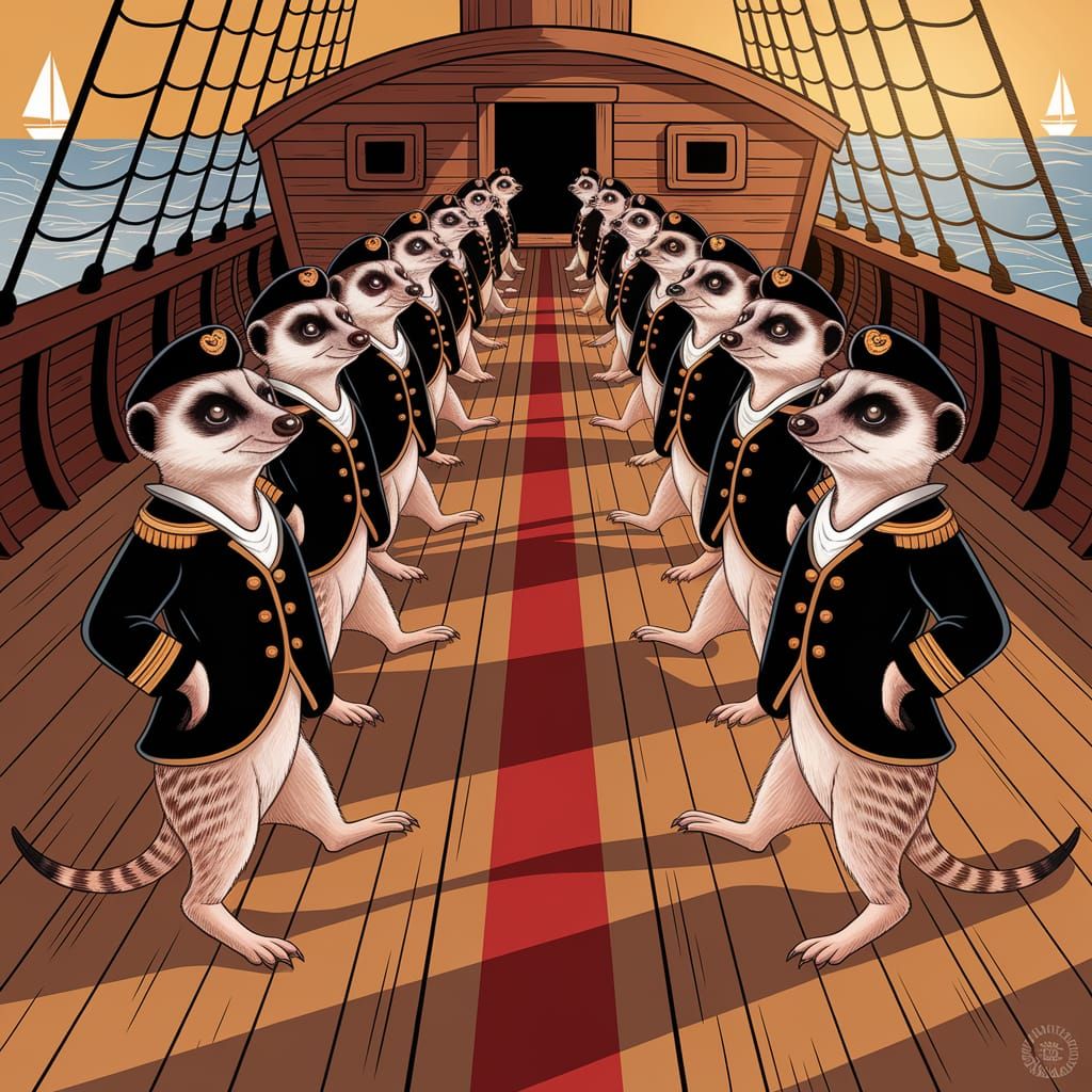 Whimsical Meerkats in Naval Uniforms at Sunset