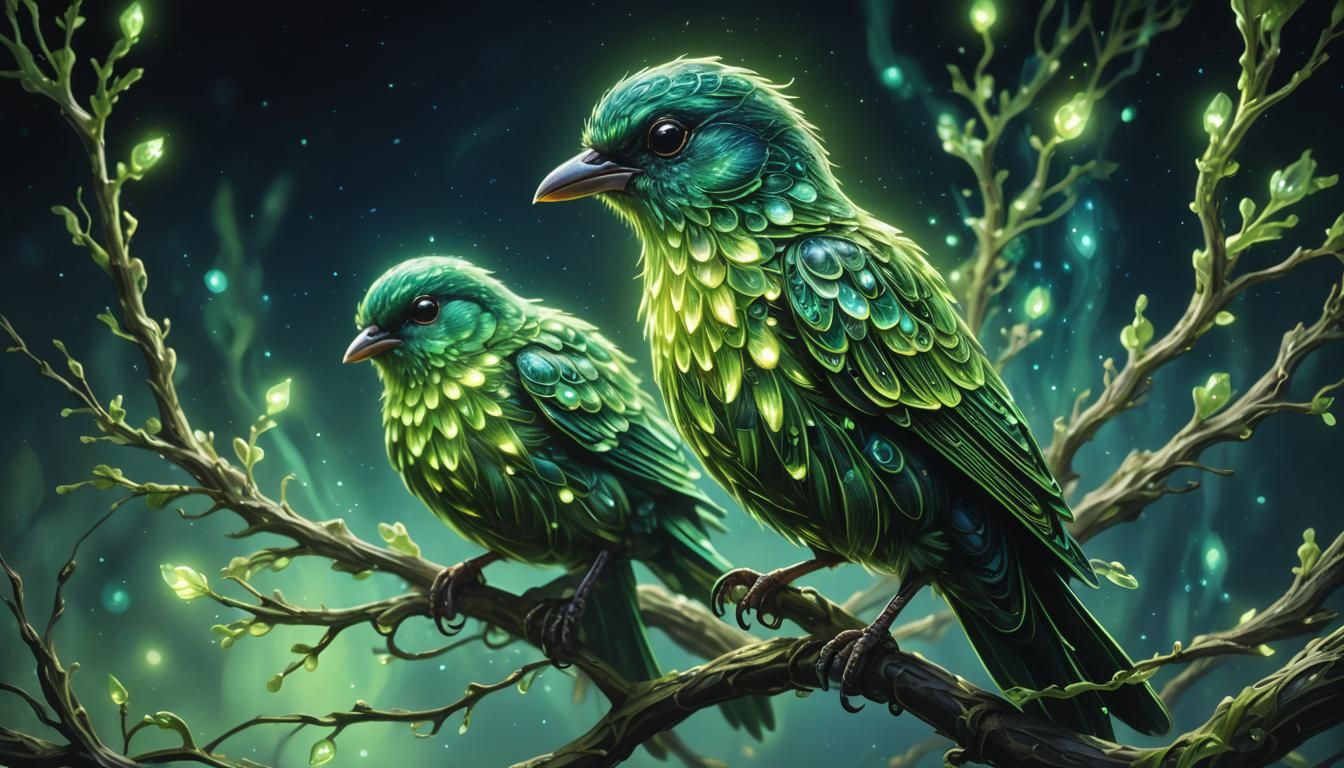 Glowing Bioluminescent Bird in the Dark: Artstation Oil Pain...