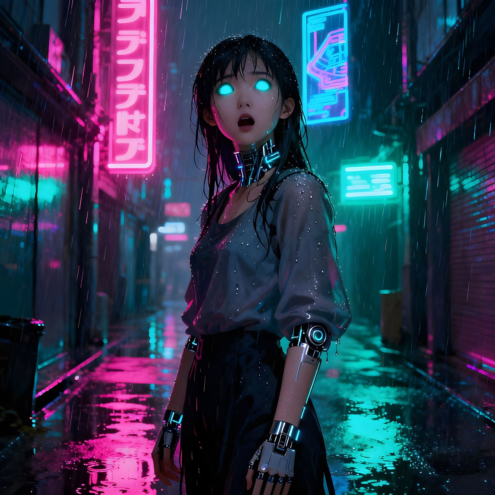 Asian Woman in Neon Cyberpunk City Under Digital Rain