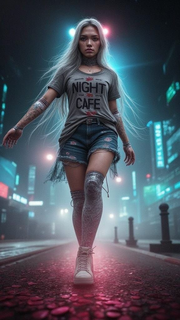 Cyborg Geisha Dances in Futuristic Black Background