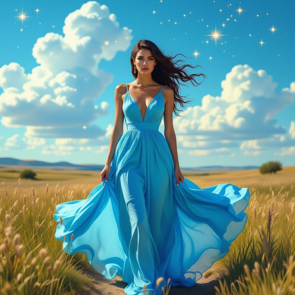 Soulful Woman in Surreal Summer Landscape