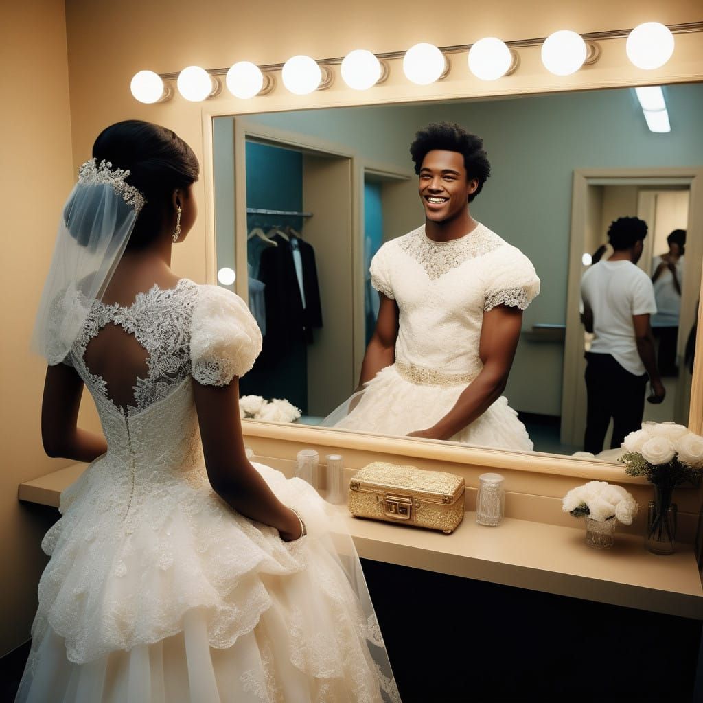 Dapper Young Man Adorns Elegant Wedding Gown with Flair