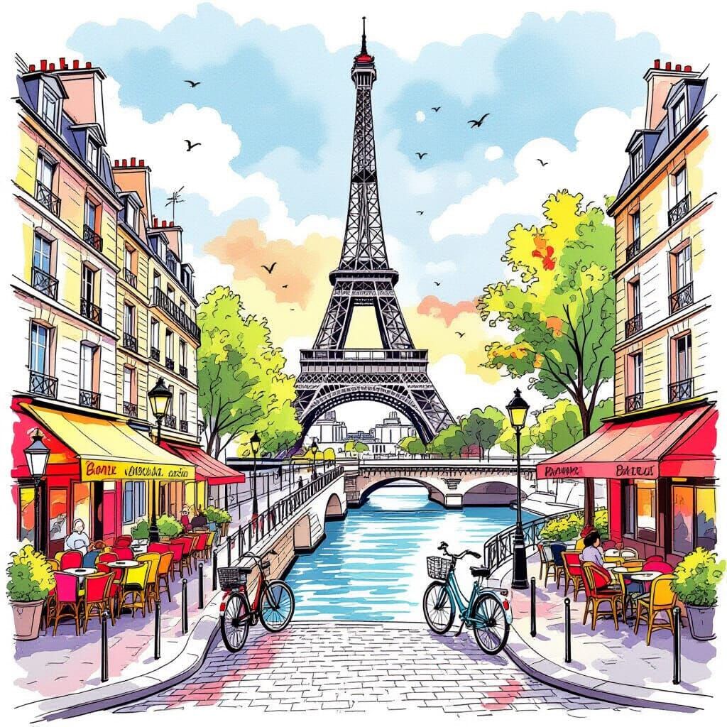 Vibrant Paris Scene with Eiffel Tower and Cafes