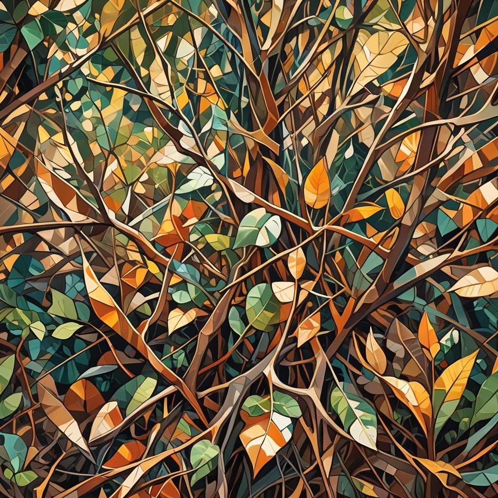 Abstract Cubist Forest Roots Bursting into Sunlight