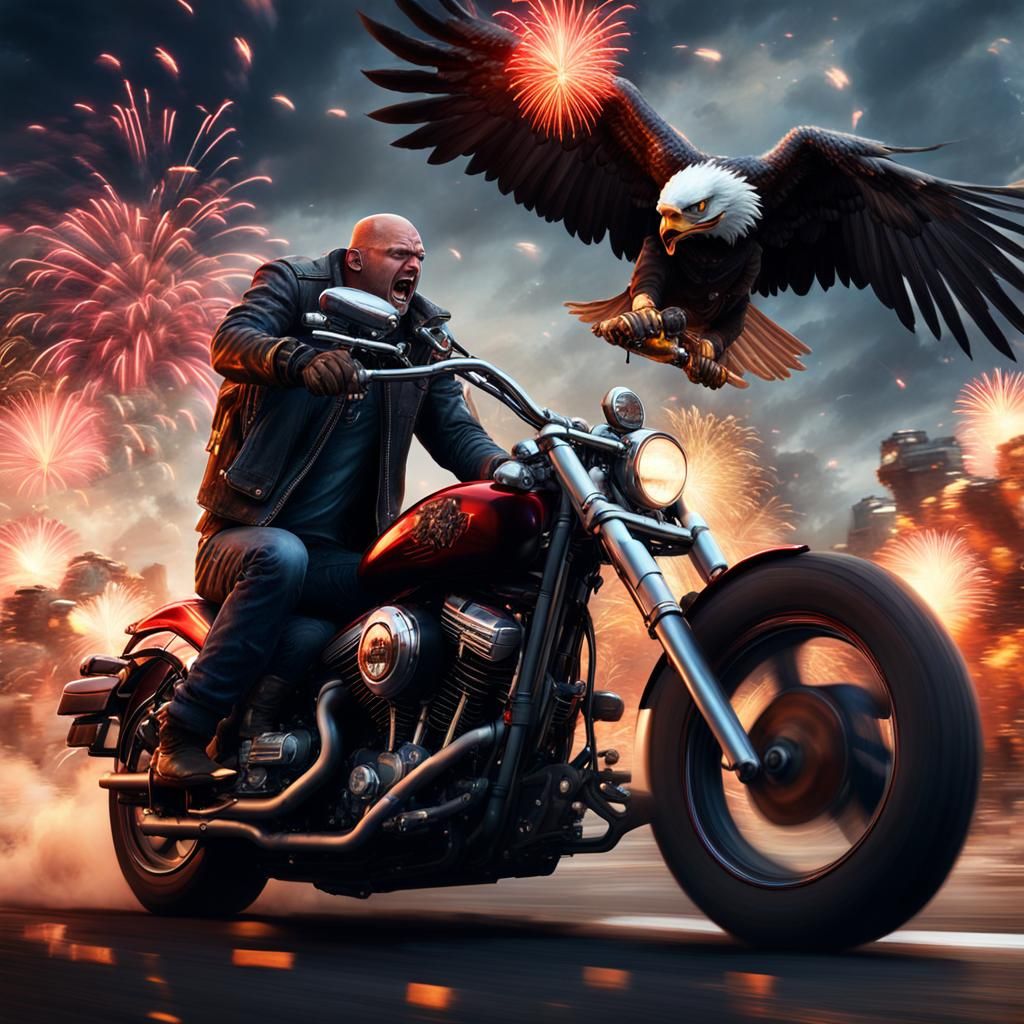 Patriotic Biker Rage: Detailed Digital Painting