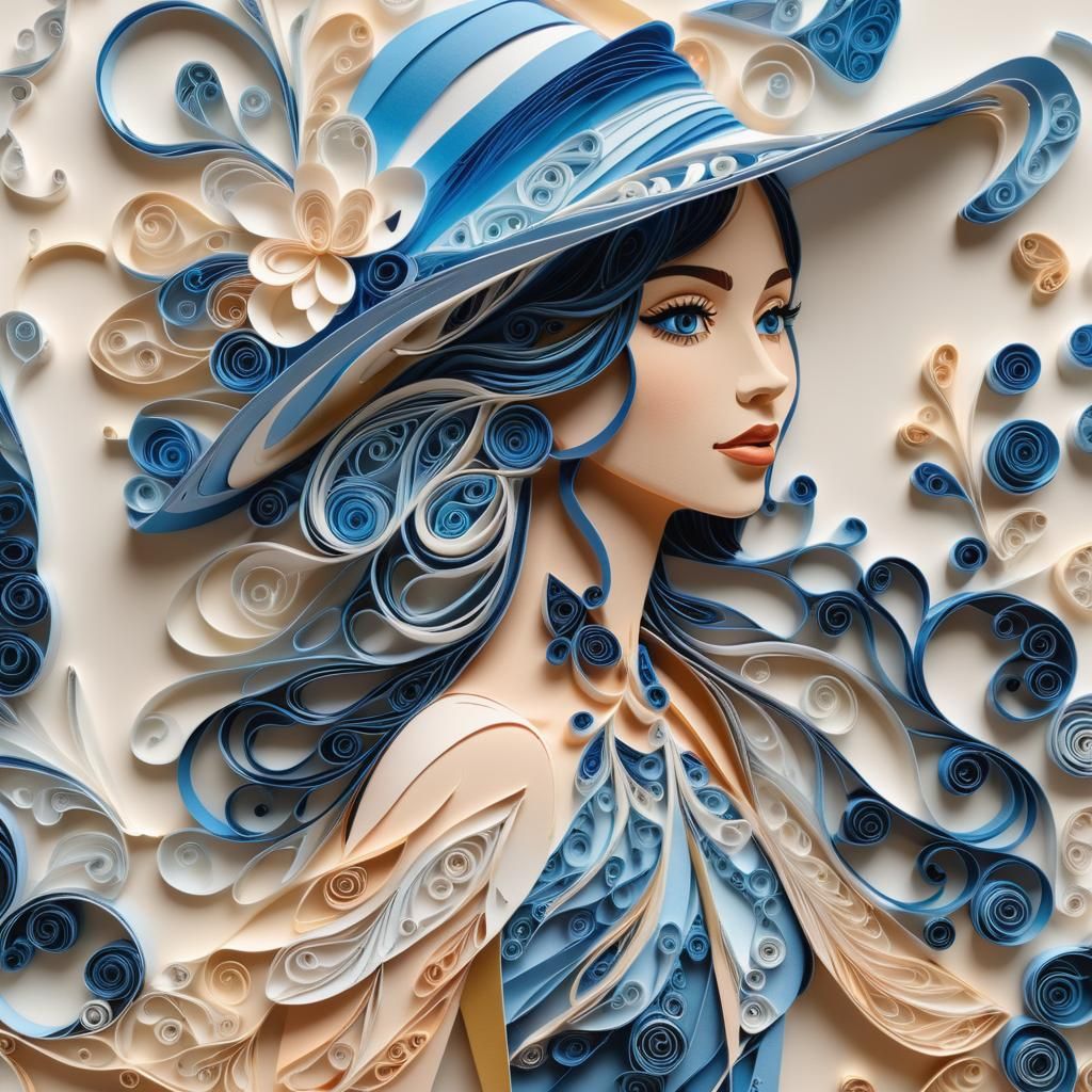 Blue Quilling Paper Woman in Metallic Art Style