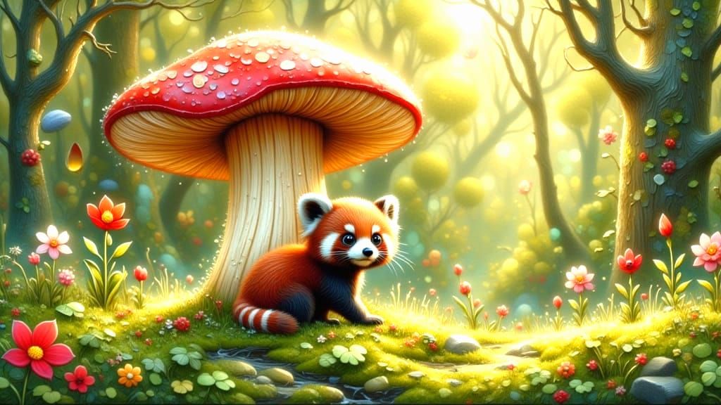Whimsical Red Panda Cub in Enchanted Forest