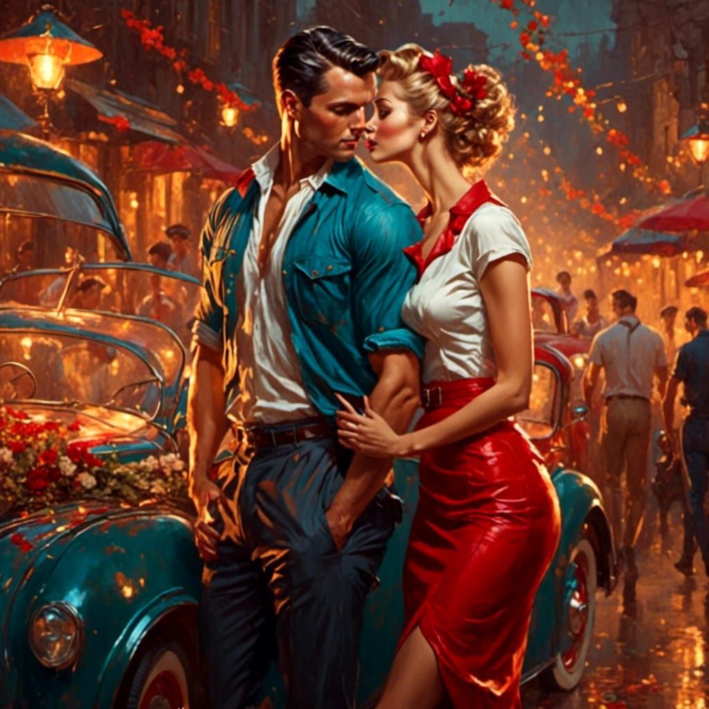 Retro Rockabilly Couple Embracing with Conviction