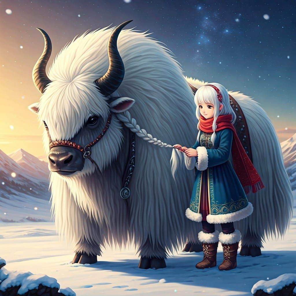 Majestic Winter Fantasy with Regal Yak and Gentle Girl