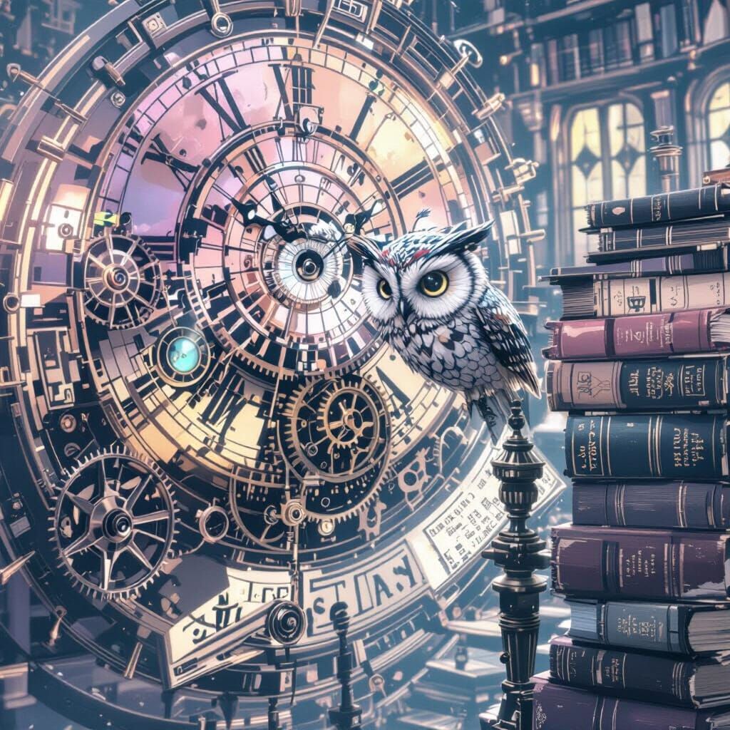 Clockwork Owl on Books, Steampunk Illustration