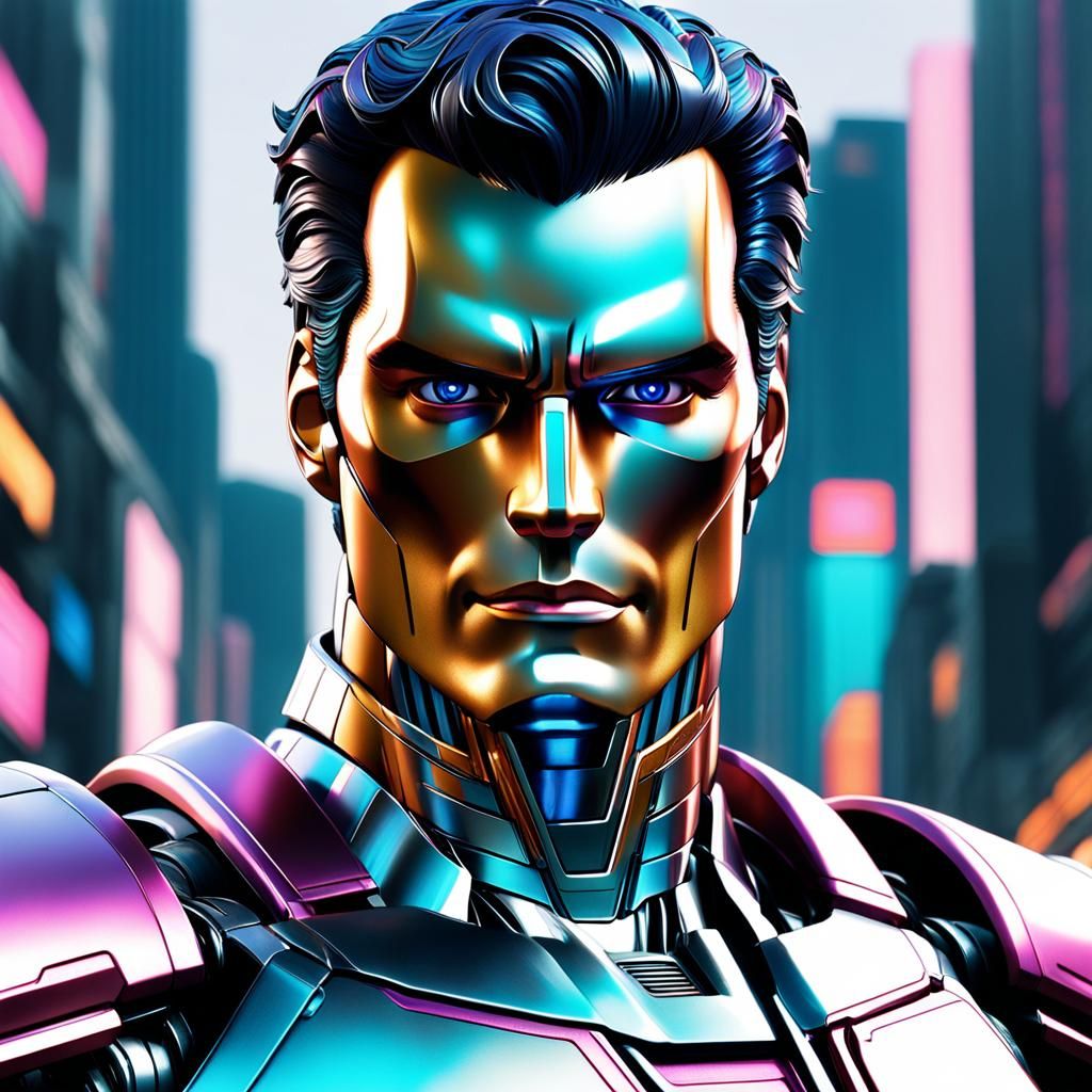 Cybertronian Henry Cavill in Vaporwave Anime Style