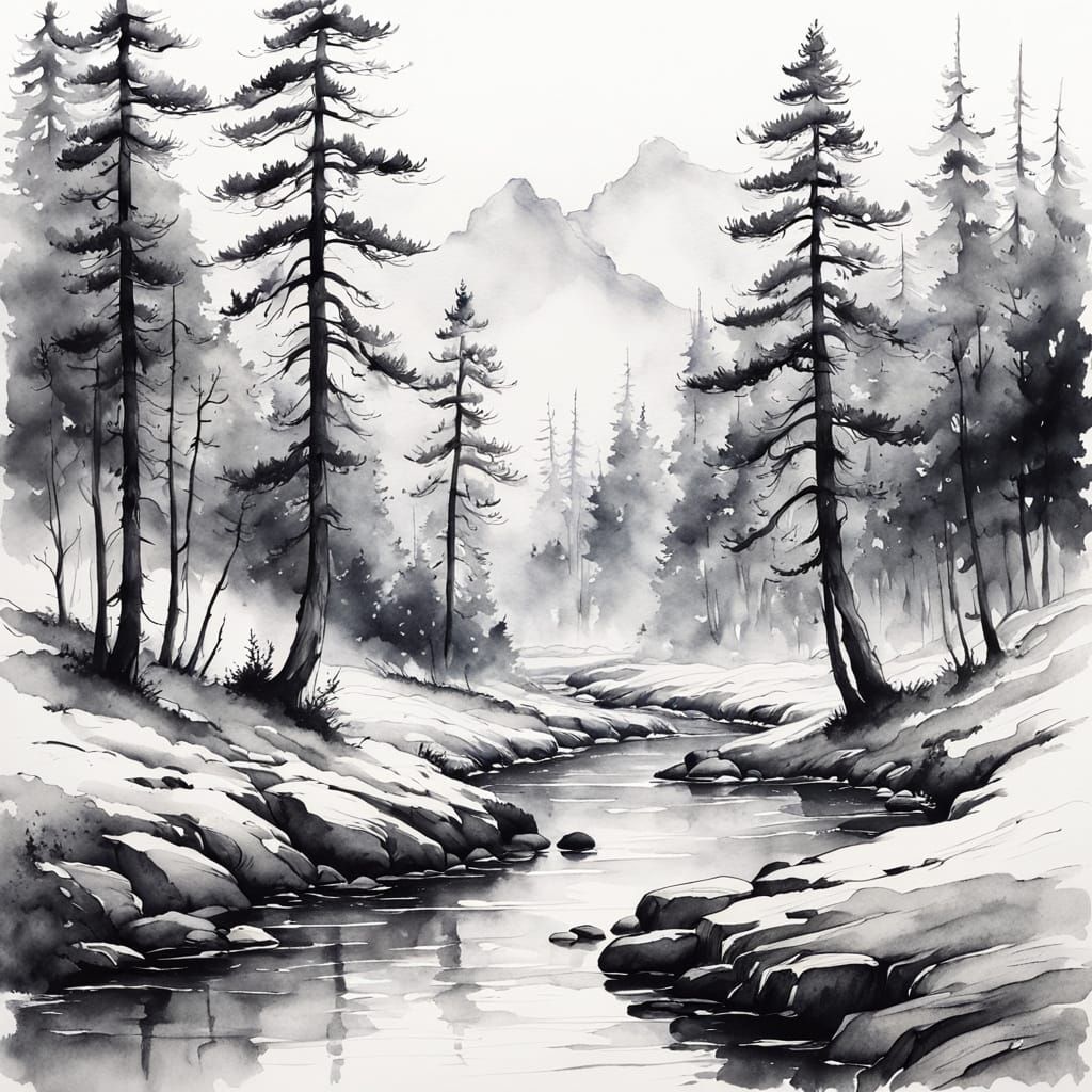 Monochrome Wilderness: Stream and Pines in Ink Style