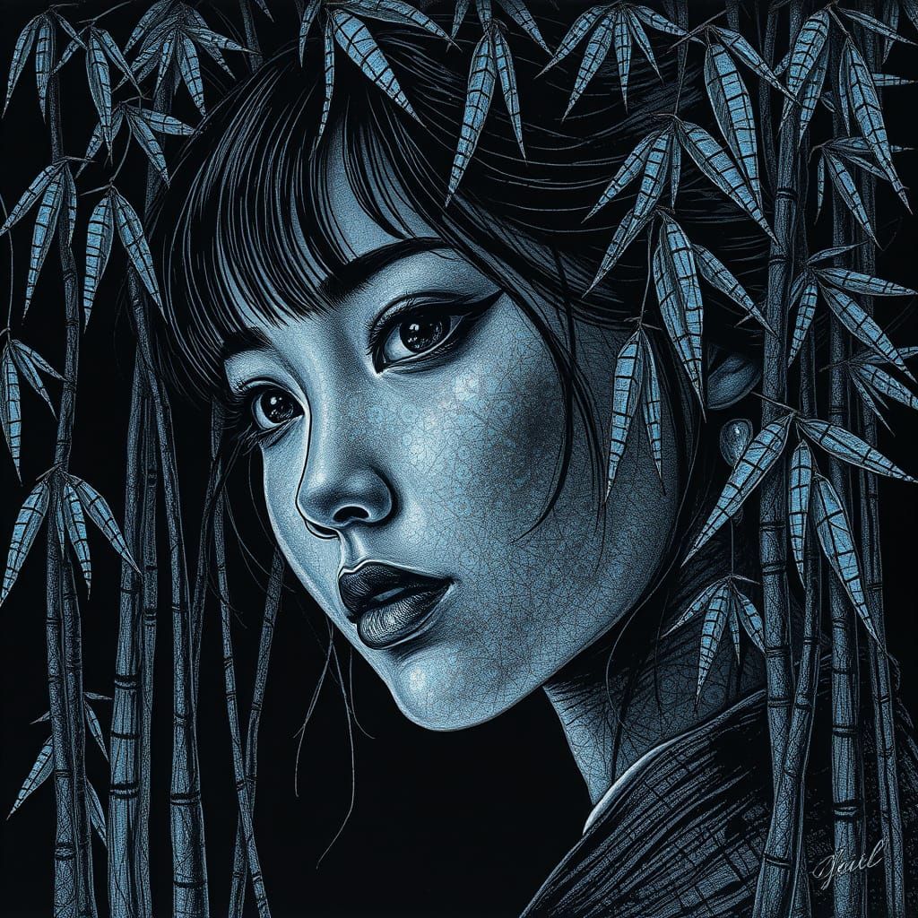Intricate Korean Maiden in Bamboo Grove, Fine Lines and Irid...