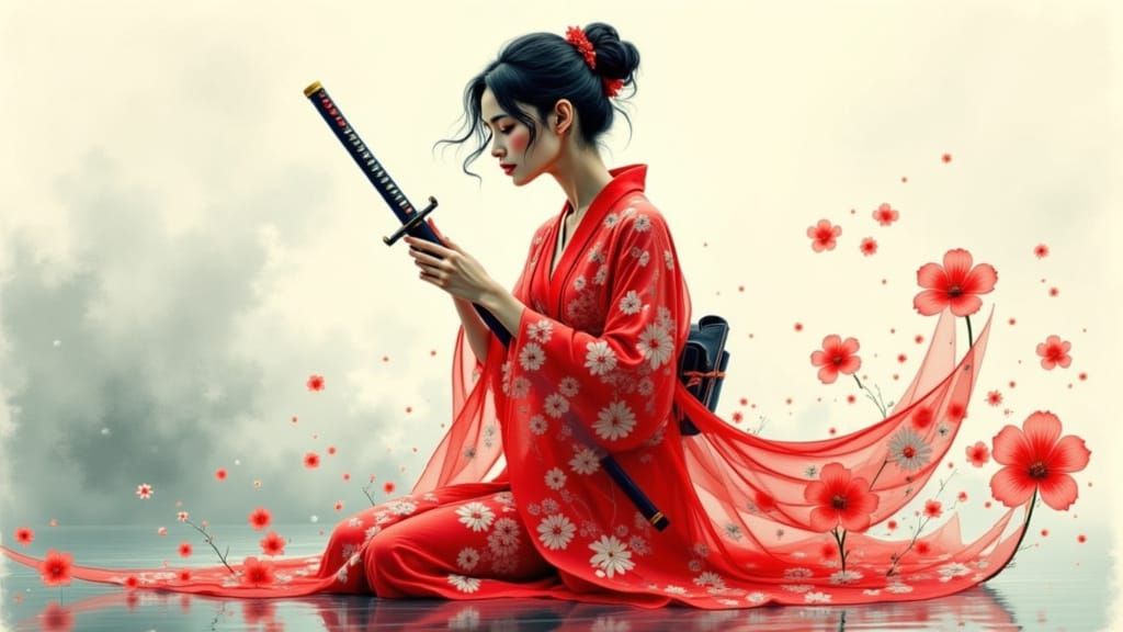 Ethereal Warrior in Vibrant Red Kimono