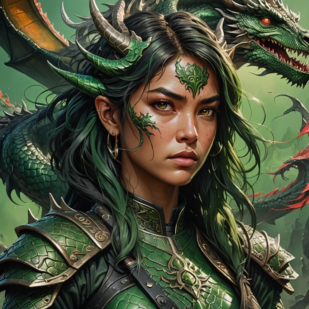 Warrior Woman with Dragon in Hyperrealistic Splash Art