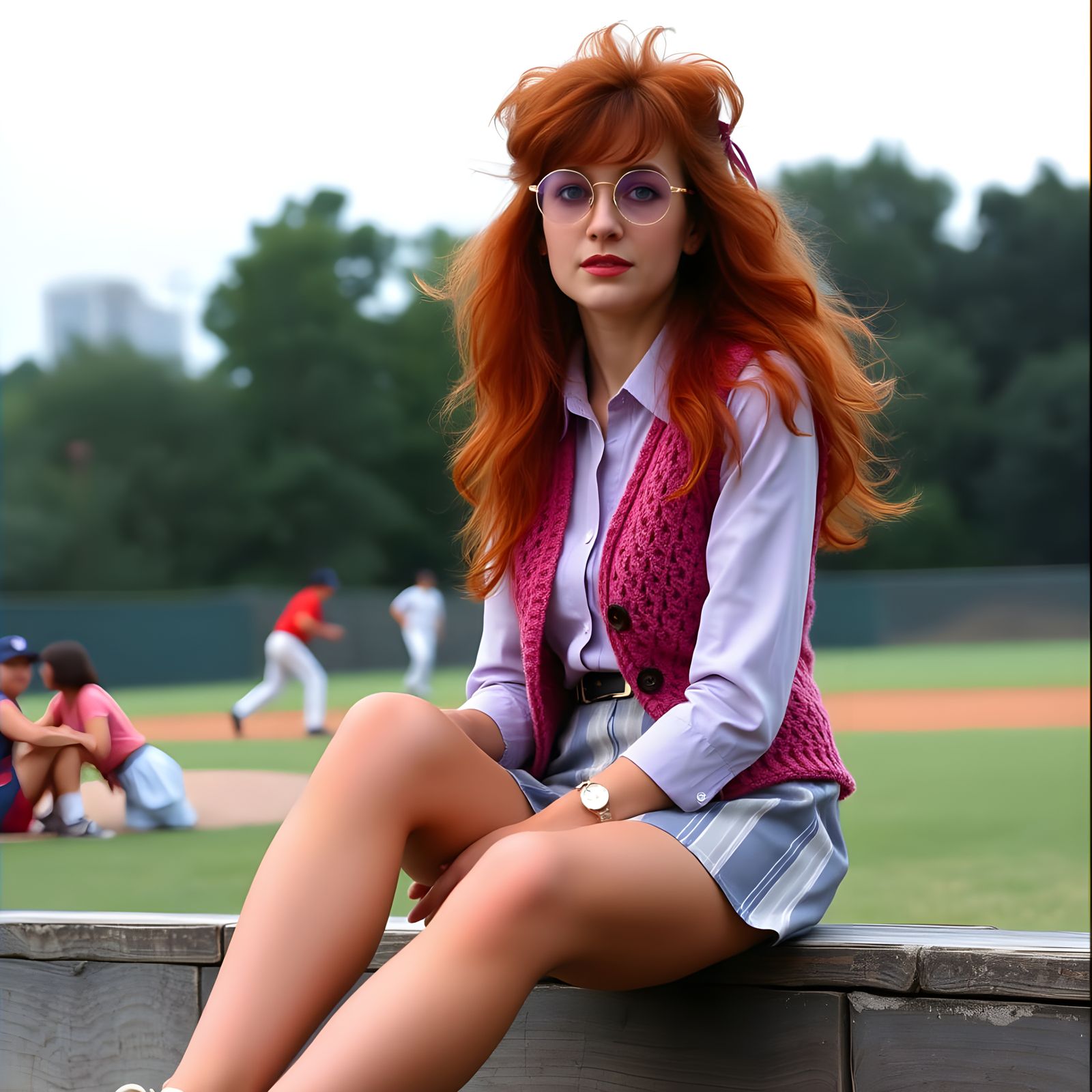 1970s Woman in Park, Talking Baseball with a Vintage Flair