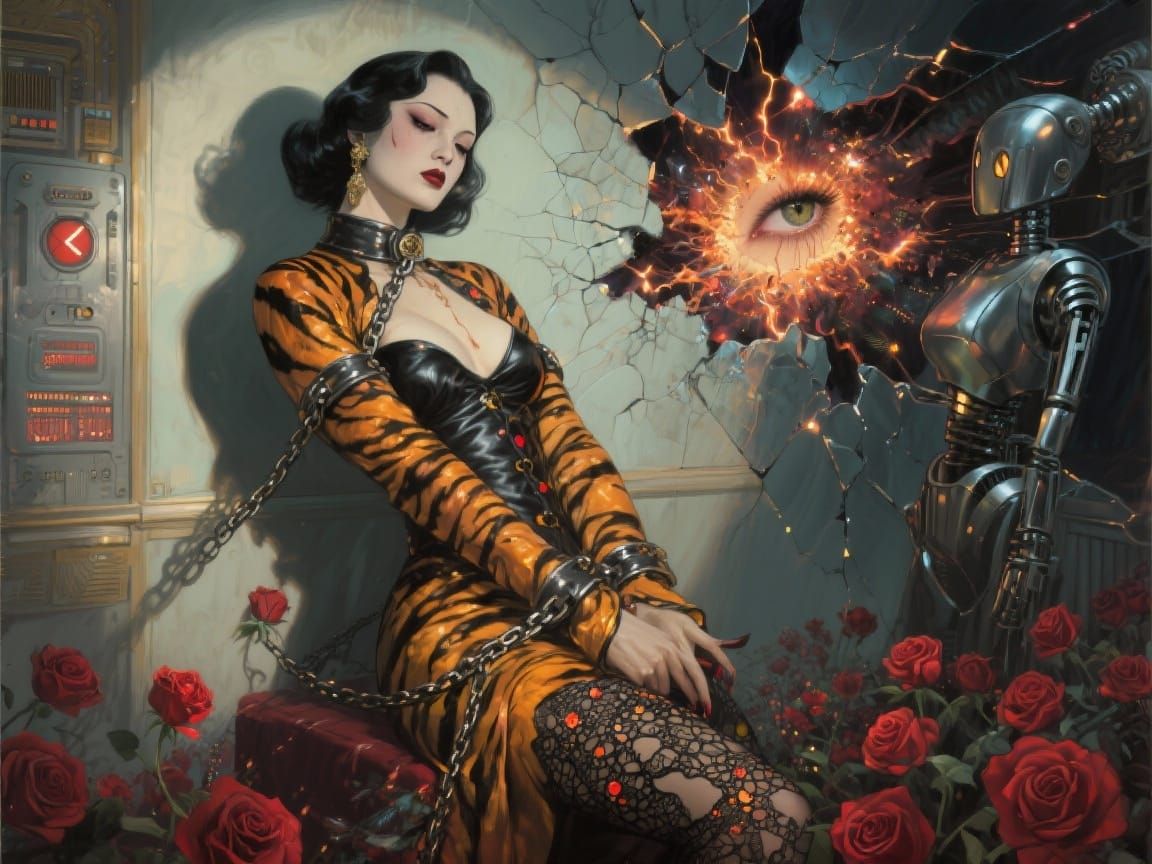 A fierce woman, a passionate tigress, Bound in chains, she c...