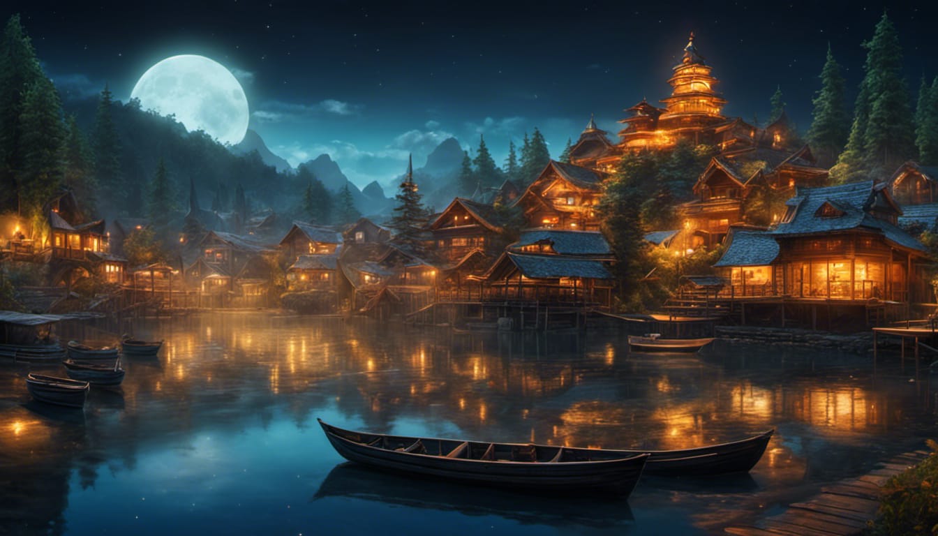 Moonlit Mining Town on Lake Edge: Ethereal Fantasy