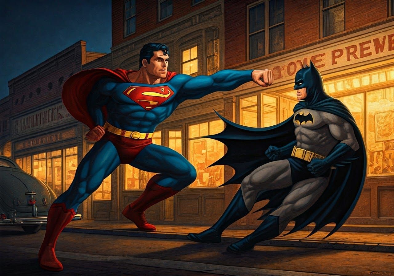 Superman Punches Batman in Rockwell Style