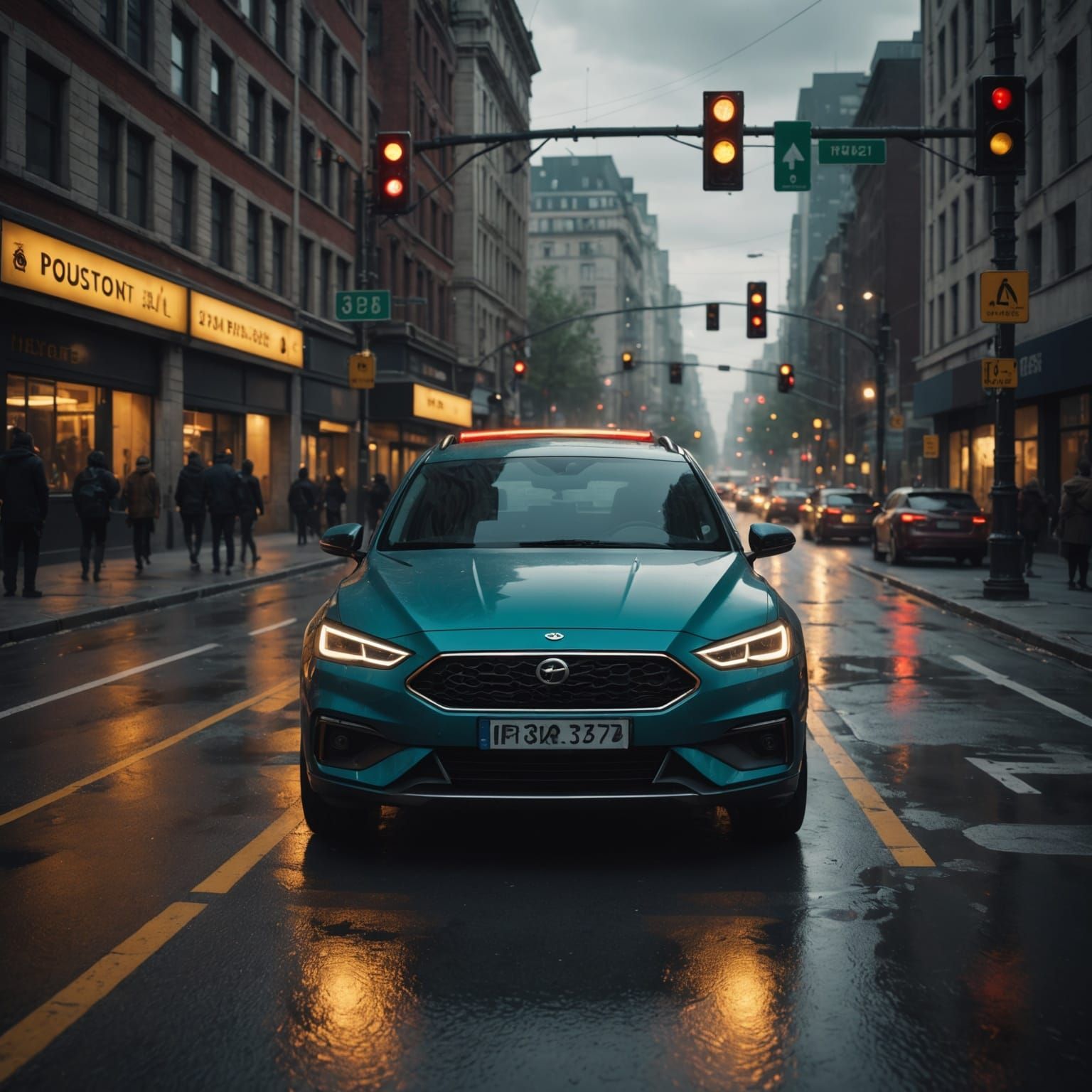 Cyberpunk Cityscape with Stopped Vehicle