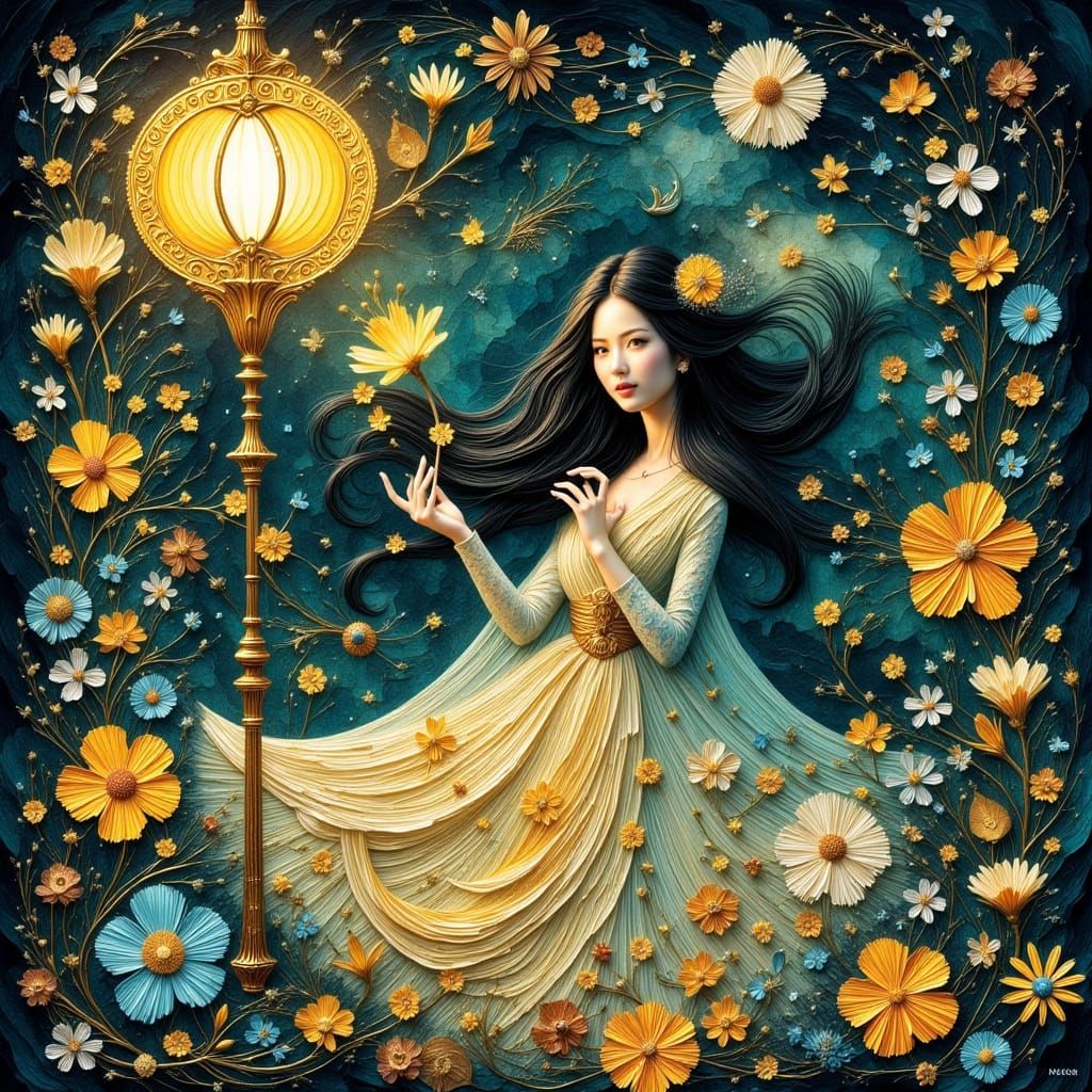 Mystic Woman Under Gaslamp in Art Nouveau Style