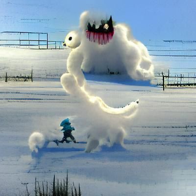 Snow Monster in Pursuit on Winter Landscape