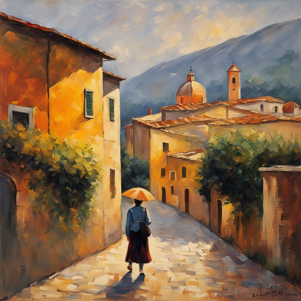 Woman Walking in Foggia: Neo-Impressionist Oil Painting