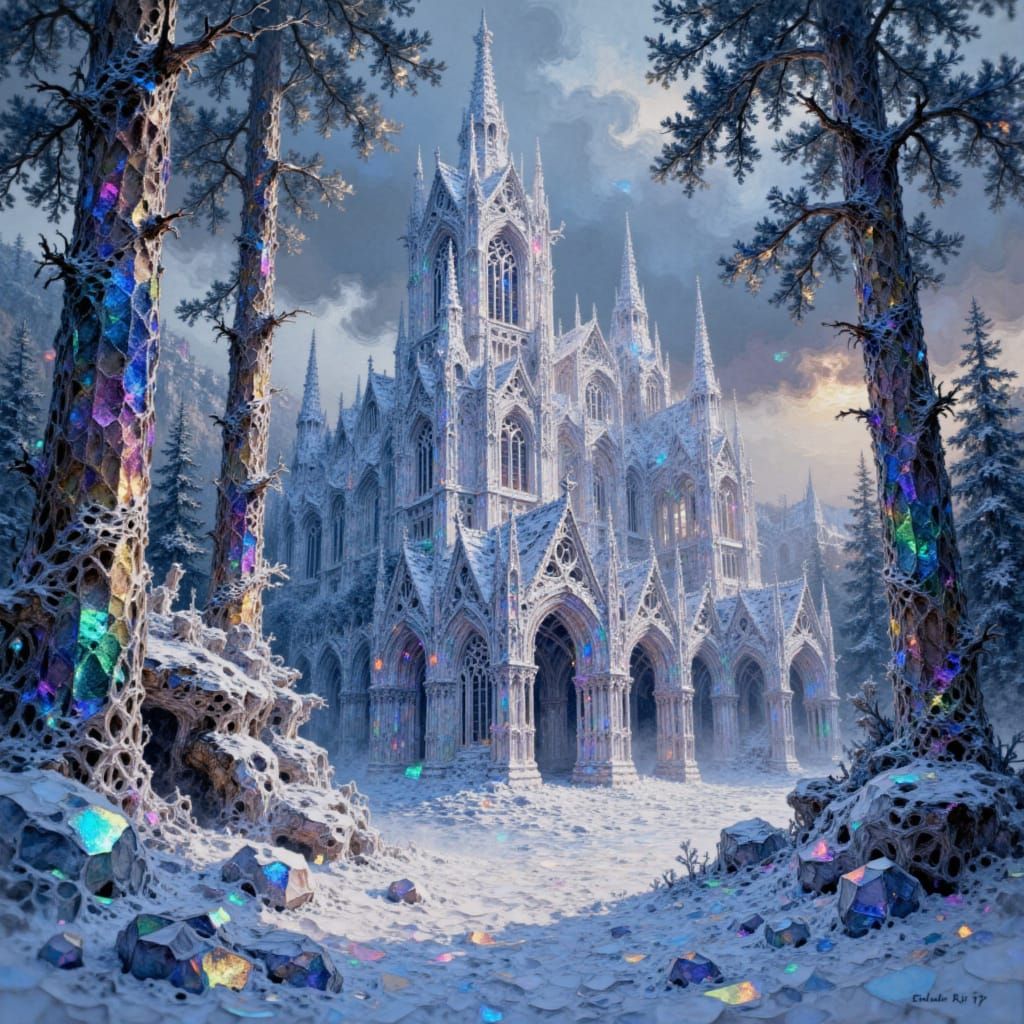 <lora:FluxSeed:1.0> Cathedral of Snowflakes
A towering gothic cathedral constructed entirely of snowflakes, arches and s...