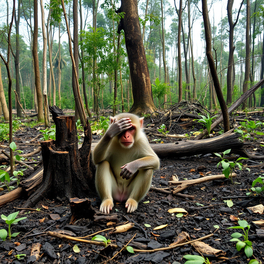 Monkey in a Destroyed Jungle Landscape