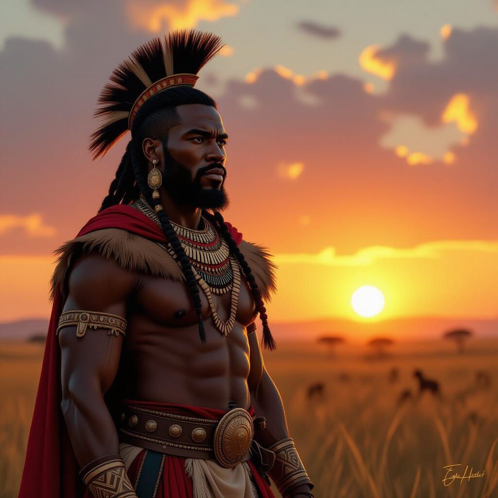 Zulu Warrior at Sunset on Savanna