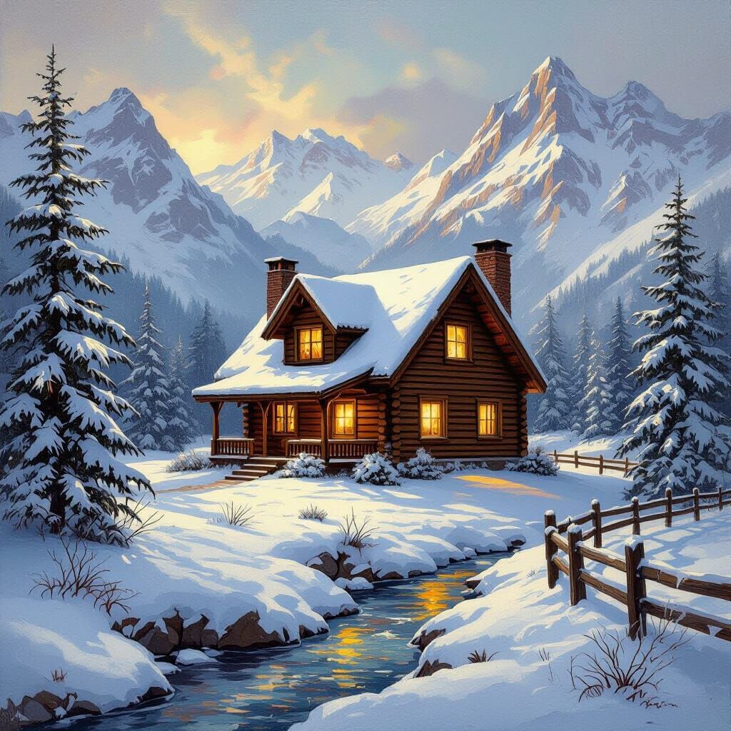 Cozy Log House in Snowy Mountains Oil Painting