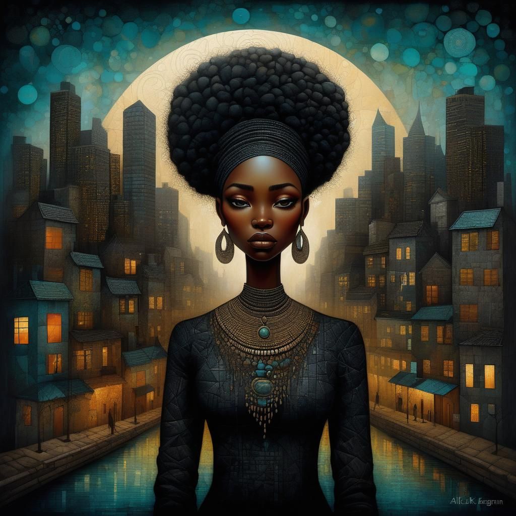 Detailed Illustration of a Black Woman in Urban City