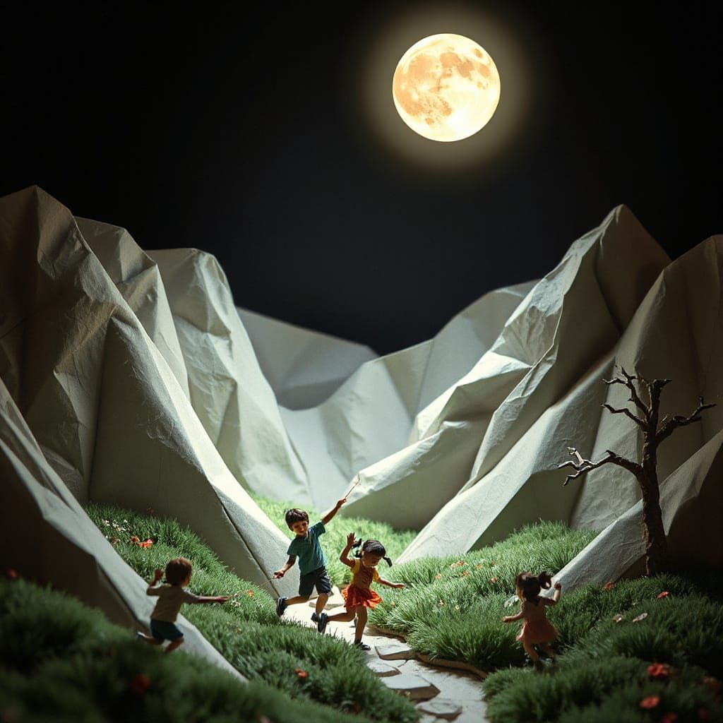 Children Play Under Origami Moon in Papercraft Style