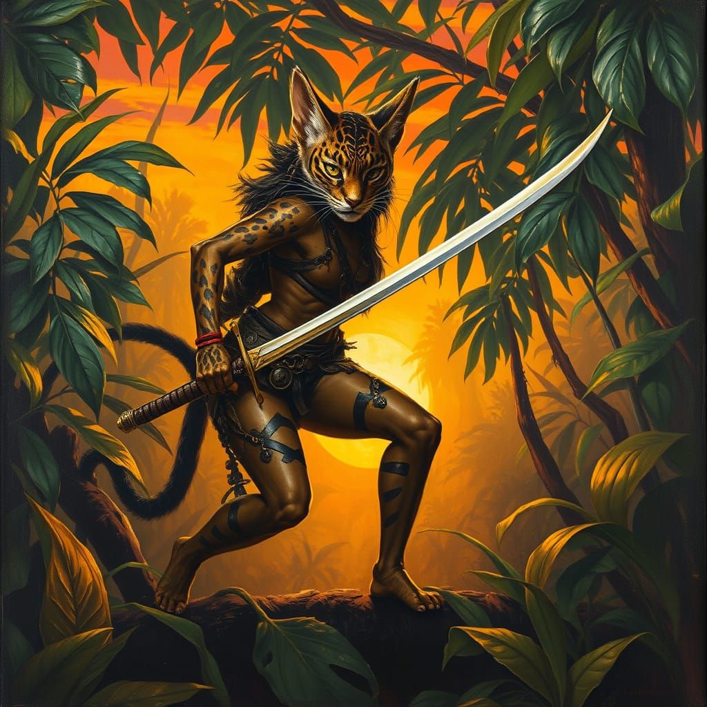Exotic Jungle Hunter in a Vibrant Sunset