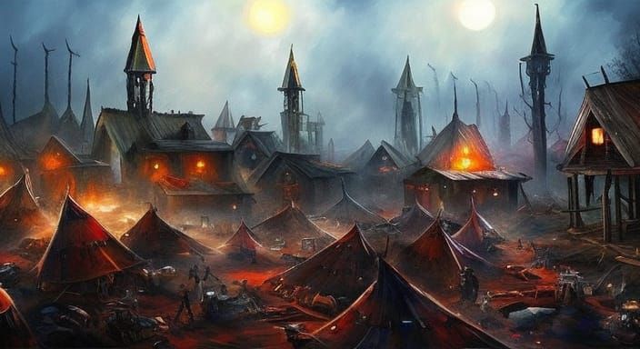 Post-Apocalyptic Nomad Camp in Dark Fantasy Style