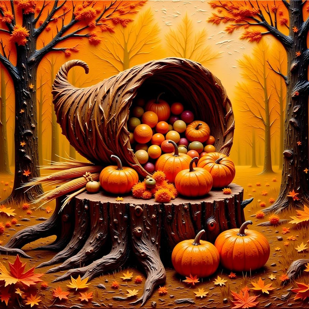 A large cornucopia spilling out food made from woven branche...