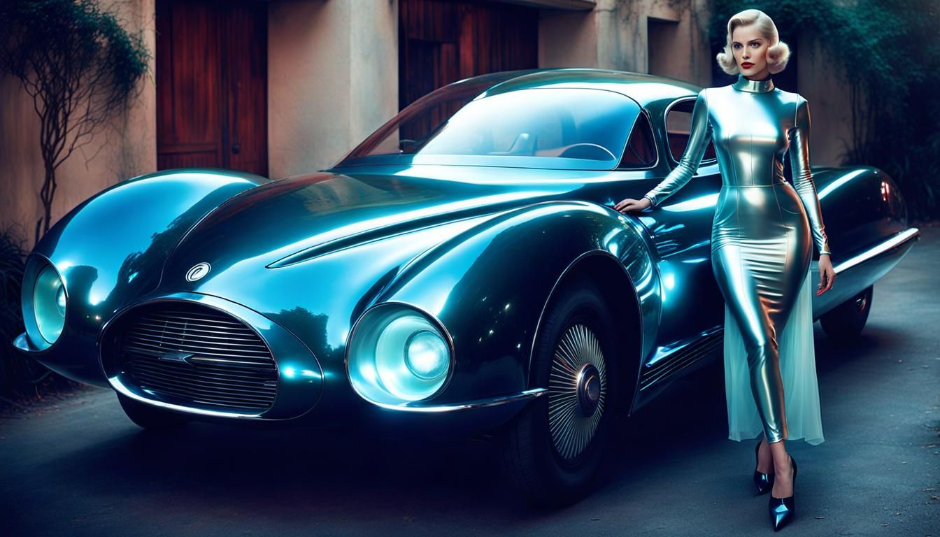 Retrofuturistic Android Car Ad in Vintage Photo Style