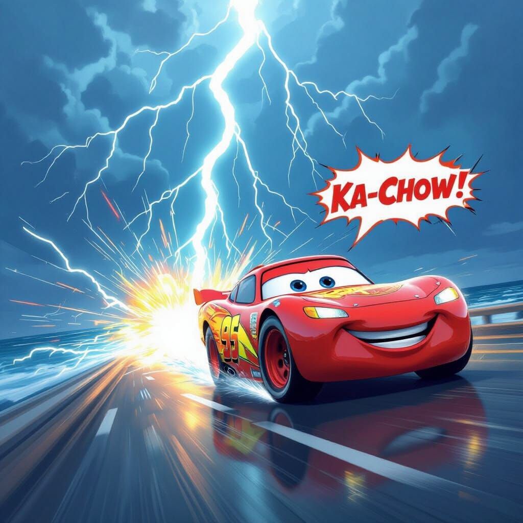 Lightning McQueen Surfs Electrifying Wave by the Sea