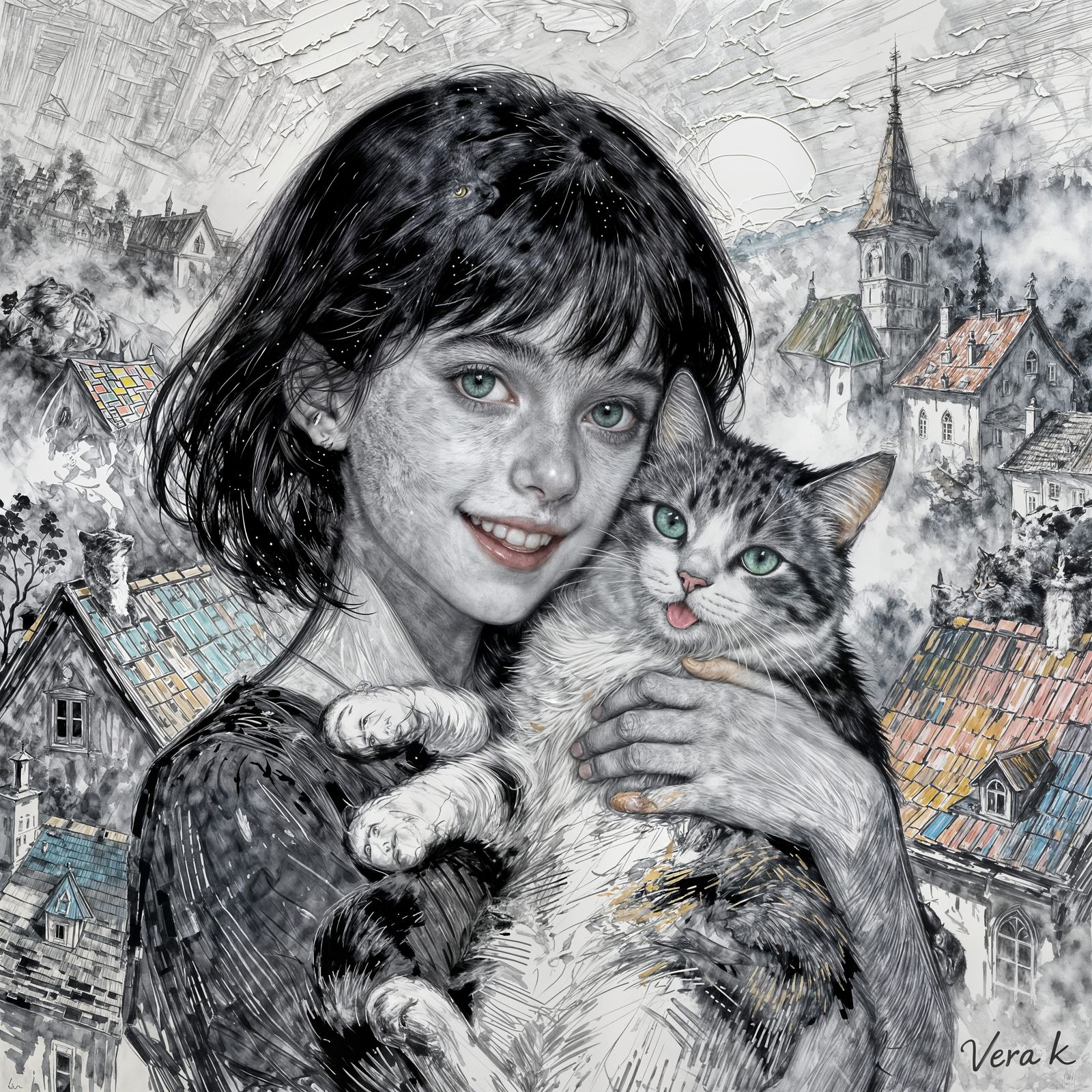 Girl Hugging Cat in Colored Grattage Style