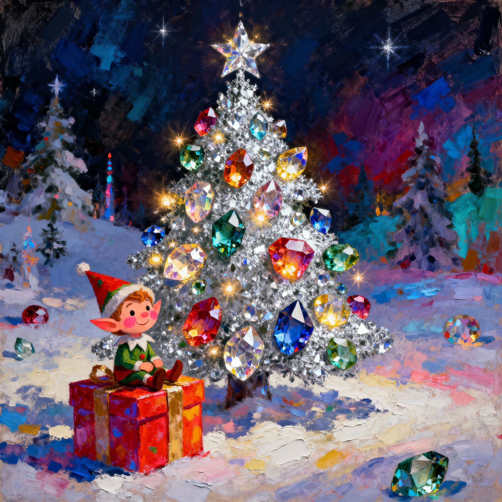 Christmas Elf on Sparkling Gem Tree in North Pole