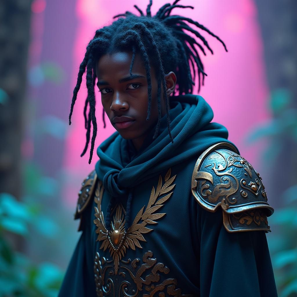 Manga Character in Mystical Armor, Dreamlike Setting