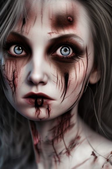 Portrait of a cute demon girl, scarred blistered skin, horror, gothic, detailed matte painting, detailed oil painting, h...