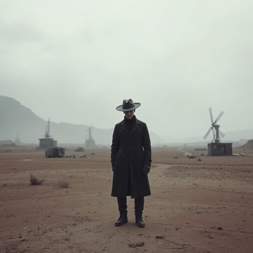 Lonely Figure in a Desolate, Post-Apocalyptic Landscape