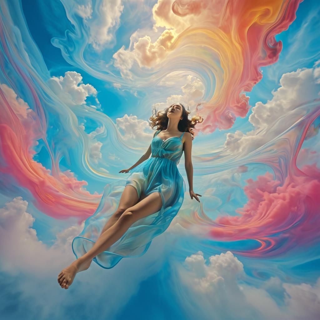 Woman Floating in Surreal Dreamscape, Digital Art