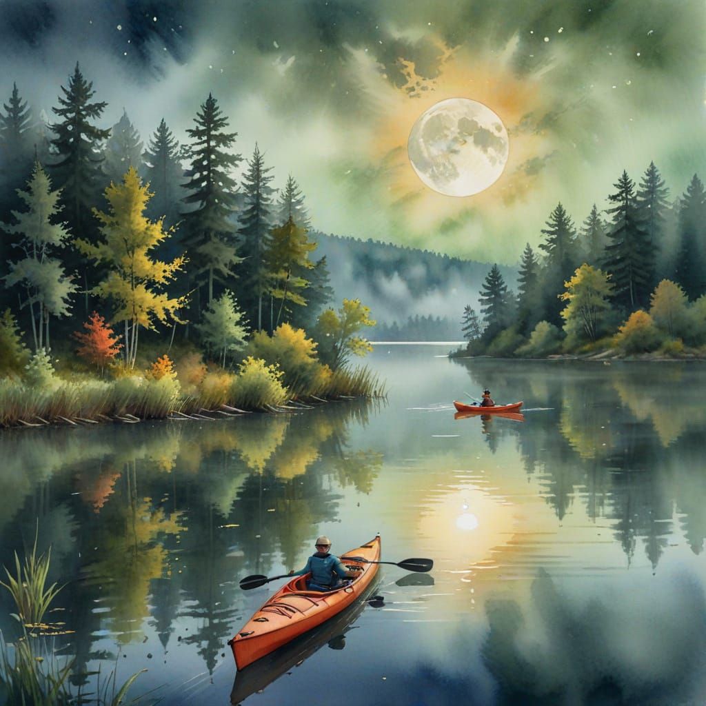 Watercolor Lake Scene Under Harvest Moon