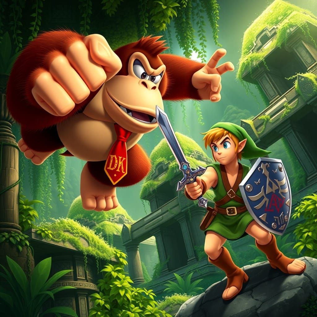 Donkey Kong vs Link in Jungle Battle Scene