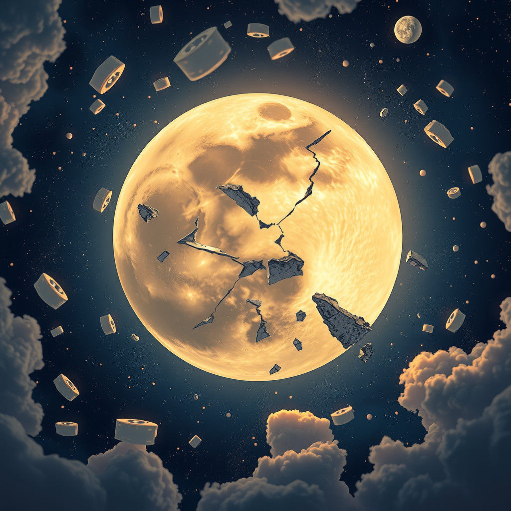 Shattered Moon in Starry Sky: Digital Art